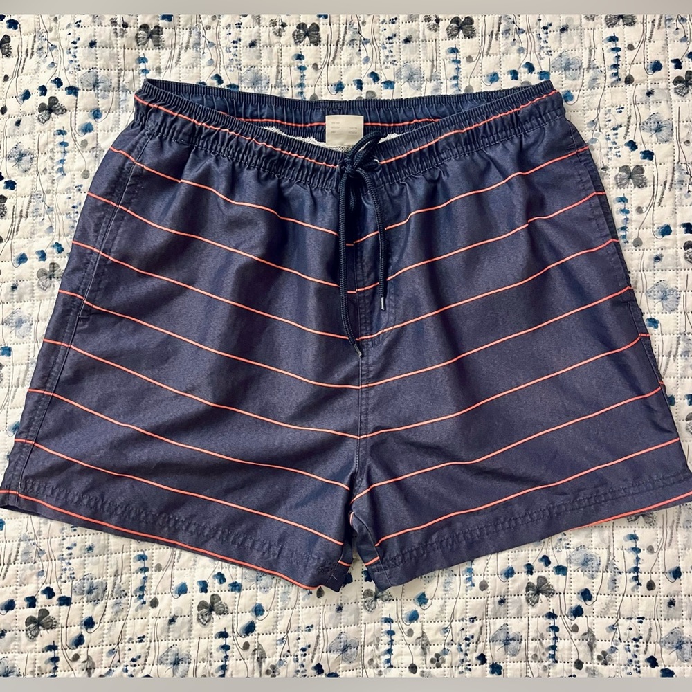 Navy Blue and Pink Striped Drawstring Swim Shorts - Size L (Men's)